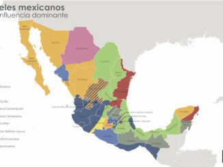 Kartan visar områden där karteller har inflytande. Provinserna Oaxaca, Chiapas och Quintana Roo är fria. I dessa områden har Zapatisterna politiskt inflytande, organiserar bönderna och ser till att knarket får inte fäste. Karta från elordenmundial.com.