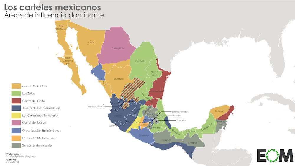  Kartan visar områden där karteller har inflytande. Provinserna Oaxaca, Chiapas och Quintana Roo är fria. I dessa områden har Zapatisterna politiskt inflytande, organiserar bönderna och ser till att knarket får inte fäste. Karta från elordenmundial.com.