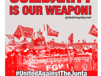 Stödposter för Myanmar med texten "arbetares solidaritet är vårt vapen"