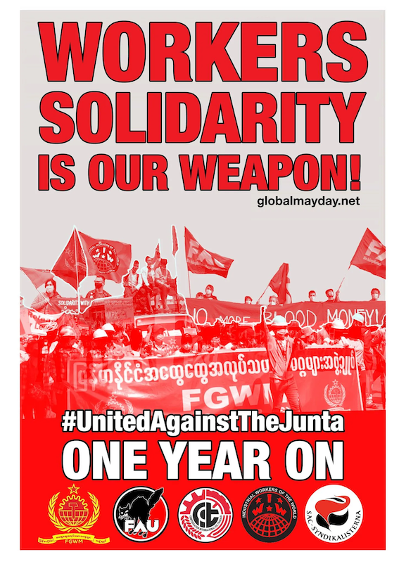 Bild från kampanj från gräsrotsfack i Myanmar med texten "arbetares solidaritet är vårt vapen". 