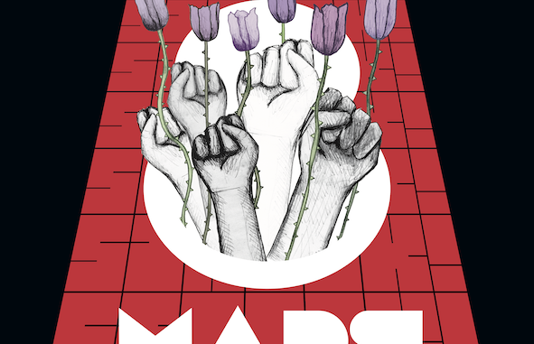 Bild med knytnävar och blommor som illustrerar kvinnokamp på den internationella kvinnodagen den 8 mars
