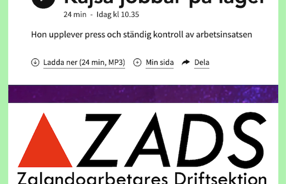 Bild som kopplar ihop fackklubben på lagret där Zalando packar sina varor med ett radioprogram som heter Kajsa jobbar på lager.