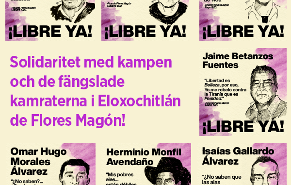 Illustrationer över de sju politiska fångar som sitter häktade. SAC står bakom och manar till solidaritet med våra kämpande kamrater i Eloxochitlán de Flores Magón i deras kamp för kamraternas frigivande.