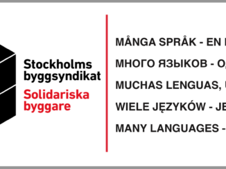 Svart-röd kub som är logotyp för en fackförening med byggarbetare i Stockholm, av SAC Syndikalisterna. Fackföreningen är flerspråkig.