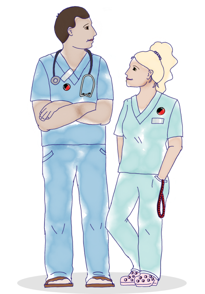 Två vårdarbetare som bär rödsvart knapp