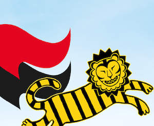 Bild på SAC:s logotyp med en rödsvart fana samt Arbetarens tiger.
