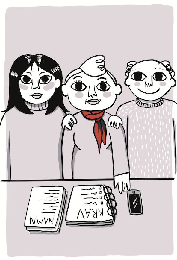 Illustration som visar tre arbetare som står framför en kravlista