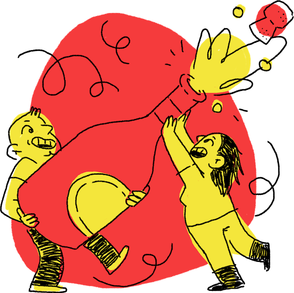 Två personer håller i en megastor flaska som sprutar ut festlig dricka.