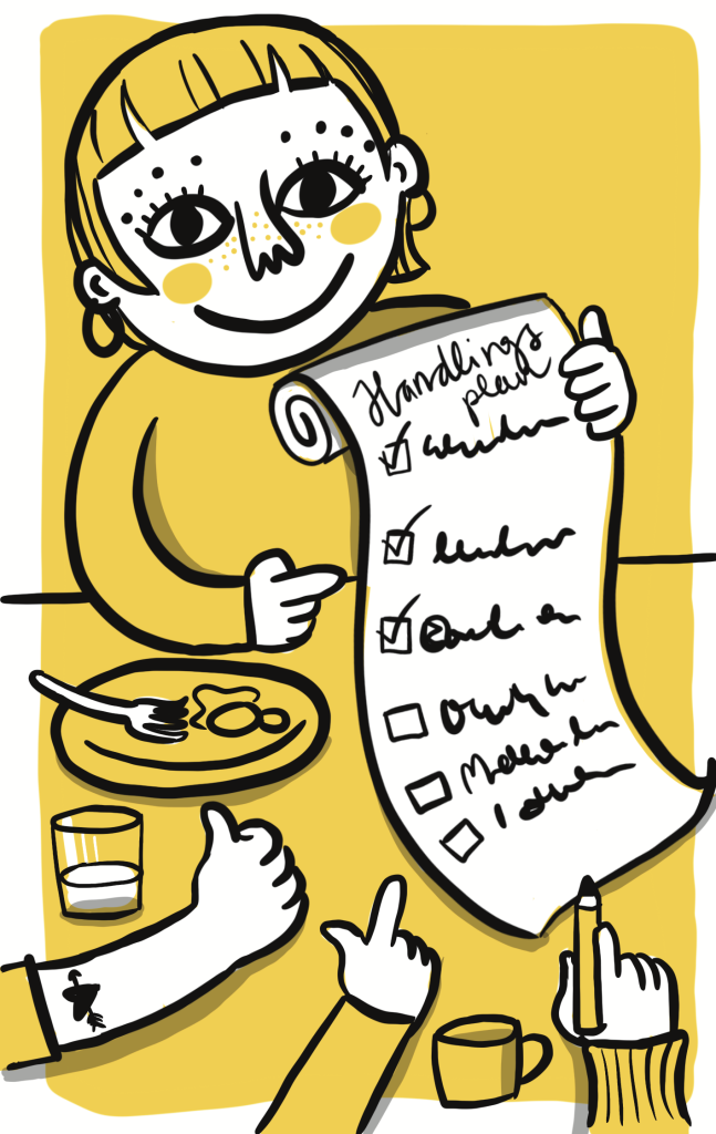 Illustration som visar en person som håller upp ett papper med en handlingsplan nedtecknad. Tre händer pekar mot listan. 