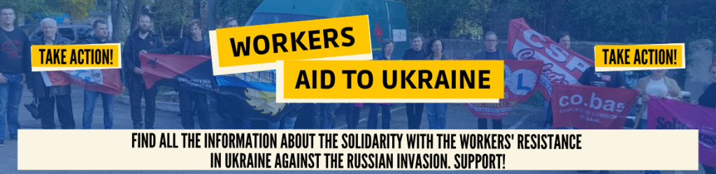 Bakgrundsfoto med människor med röda och rödsvarta banderoller. I förgrunden texter med uppmaning att agera för arbetare i Ukraina.