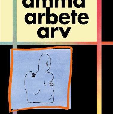 Framsida till boken Amma, arbete, arv. En enkel silhuett av baksidan av en persons överkropp i förgrunden. Mönster i olika färger mot en svart bakgrund i bakgrunden.
