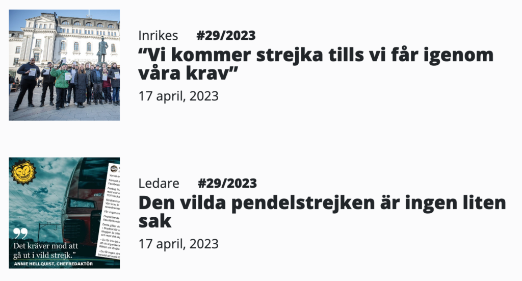 Skärmavbild från tidningen Arbetaren. Visar två små bilder och rubriker till två artiklar om strejken bland pendeltågsförare i Stockholm 2023.