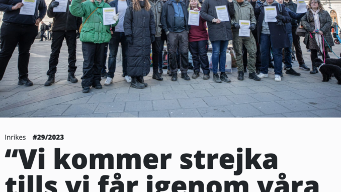 Skärmavbild från tidningen Arbetaren. Visar bild och rubrik till en artikel om strejken bland pendeltågsförare i Stockholm 2023.