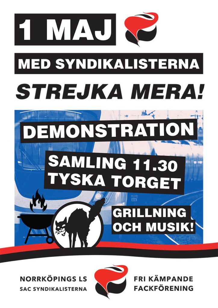 Affisch för första maj-tåg medNorrköpings LS av SAC Syndikalisterna.