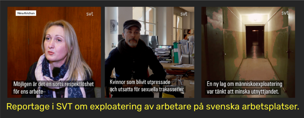 Bild som visar tre skärmavbilder från SVT:s granskning av hur arbetare exploateras i Sverige. 