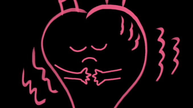 Illustration av ett hjärta som ser ledsen ut. Rosa konturer på en svart bakgrund.