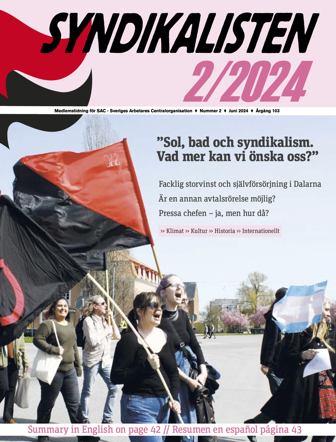 Framsida till tidningen Syndikalisten, nummer 2 2024. Foto från firande av Första maj i Norrköping.