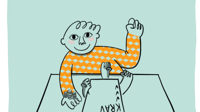 Illustration som visar en arbetare som ställt krav i förhandling och vunnit.
