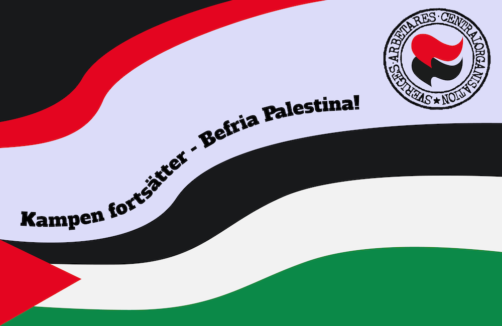 Bild med Palestinaflaggans färger och mönster tillsammans med SAC syndikalisternas rödsvarta färger och deras logotyp.