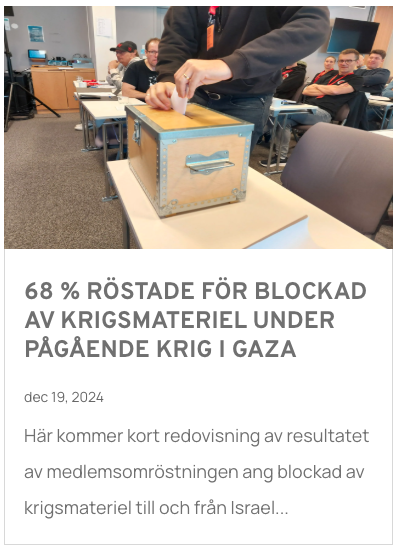 Skärmavbild från webbplatsen hamn.nu. Redovisning efter omröstning om i fall Svenska Hamnarbetarförbundet ska genomföra en blockad mot krigsmateriel till och från Israel.