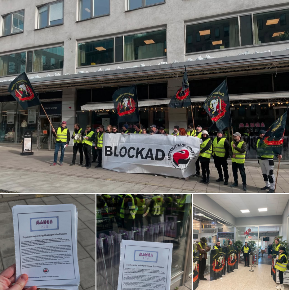 Ett collage med fyra bilder: En bild med en grupp människor med gula västar som har en banderoll med texten "blockad". De står framför en sushirestaurang. Övriga bilder visar ett flygblad med information om blockaden och ytterligare en samling människor som står utanför en annan sushirestaurang. 