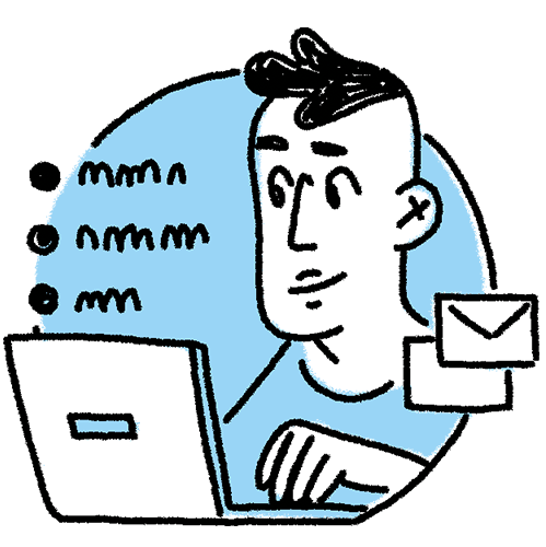 Tecknad illustration som visar en person som skriver något i en dator.