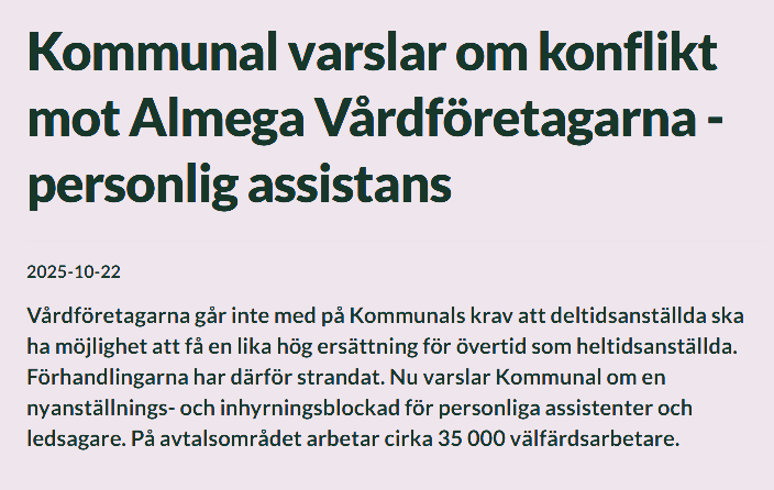 Skärmavbild från Kommunals webbplats 2025-10-22