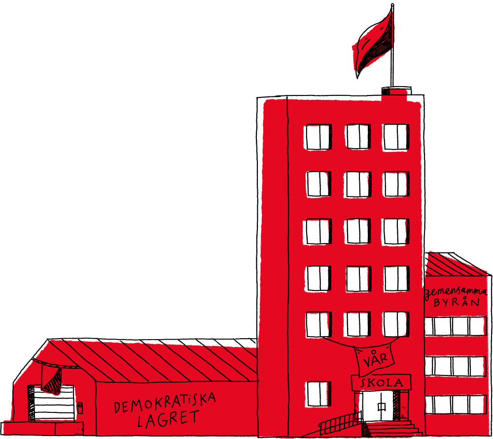 Illustration över kollektiva resurser i form av ett lager, en skola och en "byrå"