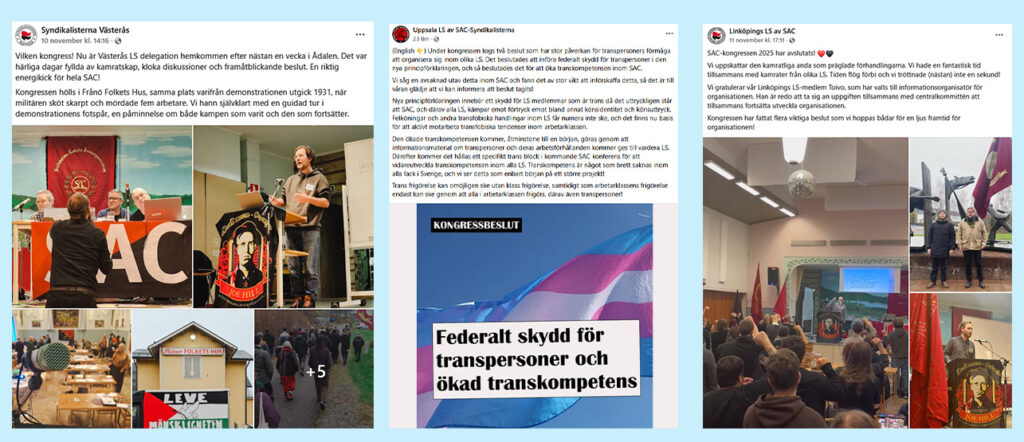 Tre skärmavbilder från lokala samorganisationer av SAC:s Facebooksidor