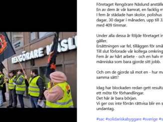 Fackföreningen Solidariska städare och solidariska byggare har en blockad framför en städfirma. Bredvid Fotot finns en text där det står om blockaden. Denna bild är från Instagram.